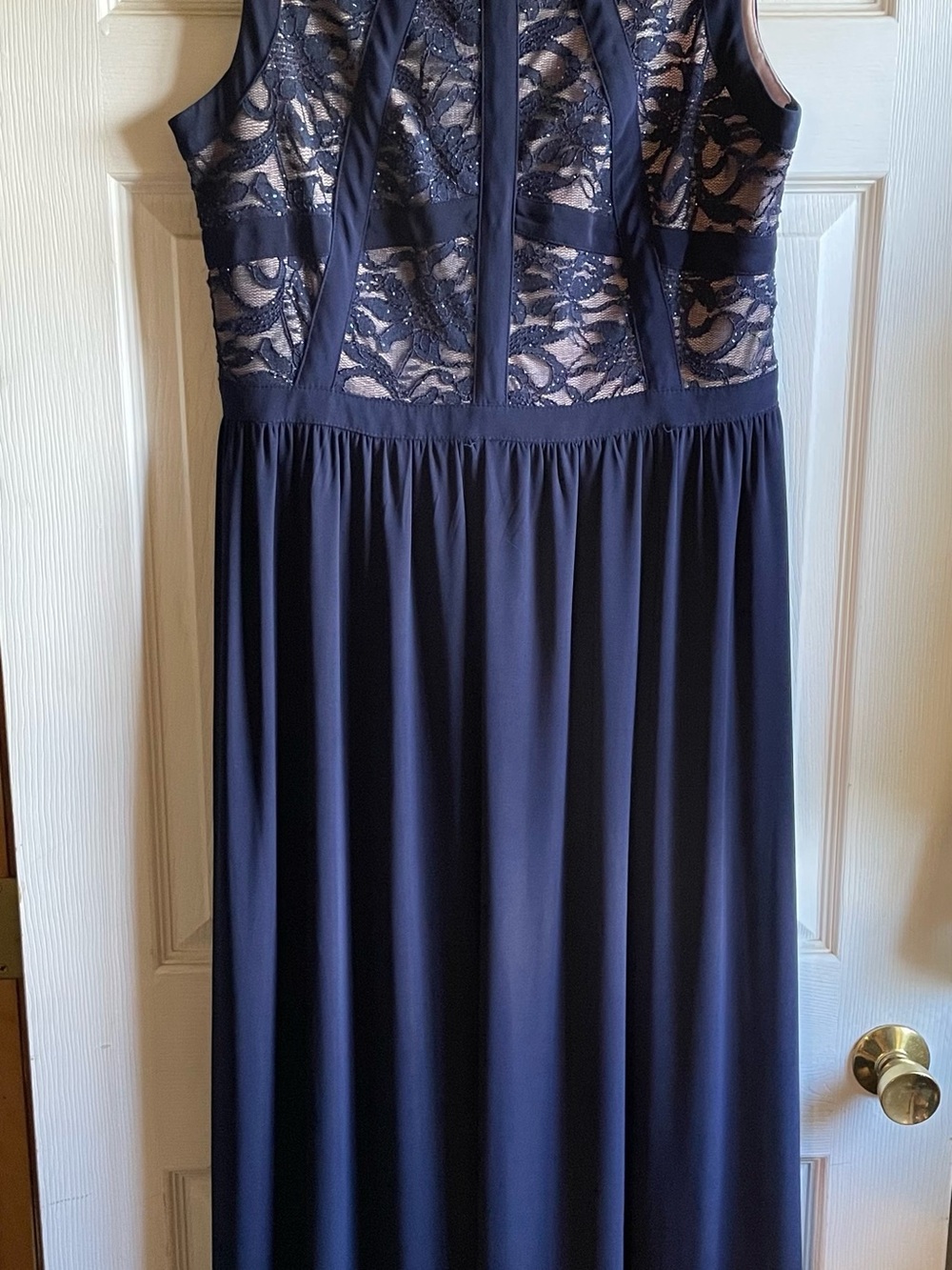 R&M Richards Navy Lace Bodice Maxi Dress with Sheer Lace Panels